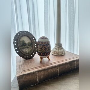 Vintage Porcelain Egg Box Vessel Gold Blue Orange